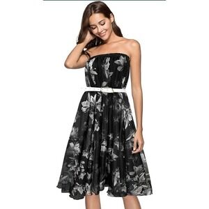 Floral Maxi Skirt Strapless Midi Dress Black White Chiffon Elastic Waist Small